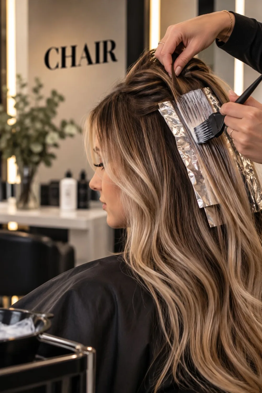 Colour being applied to long blonde hair at CHAIR Hair Salon, Wylde Green Colour being applied to long blonde hair at CHAIR Hair Salon, Wylde Green