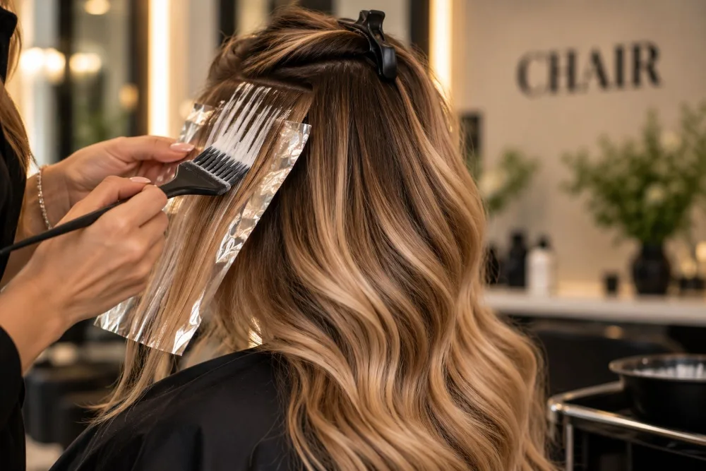 A client having highlights applied at CHAIR Foils and balayage being applied at the CHAIR colour bar