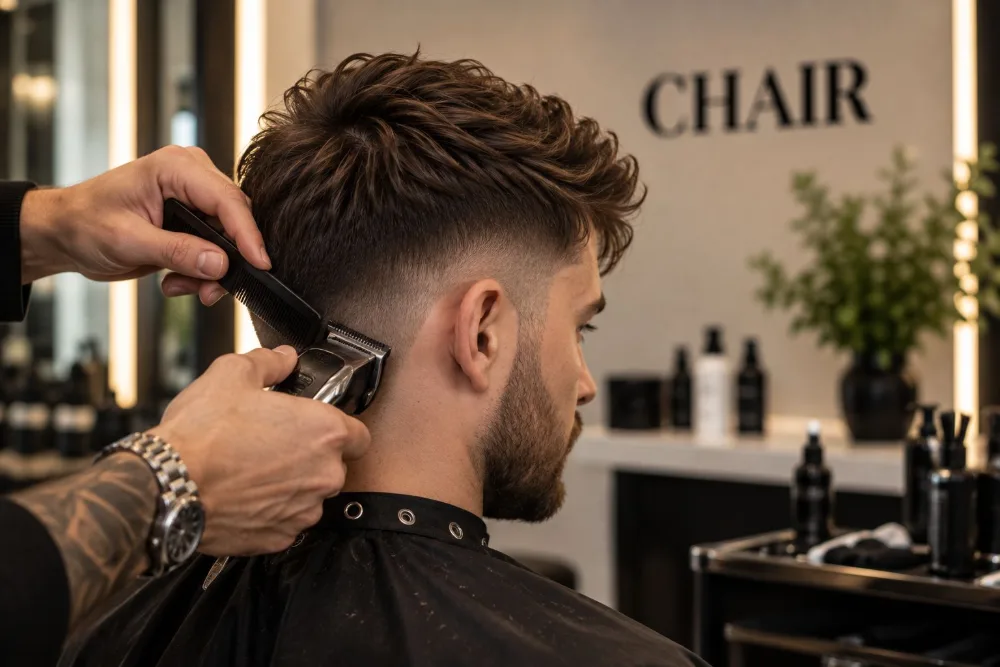 Male grooming at CHAIR Salon A skin fade being clipped at CHAIR Hair Salon, Sutton Coldfield