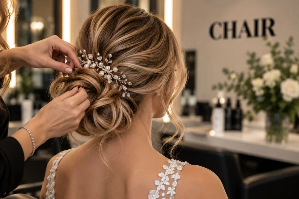 A bridal occasion updo being dressed at CHAIR Hair Salon A bridal occasion updo being dressed at CHAIR Hair Salon