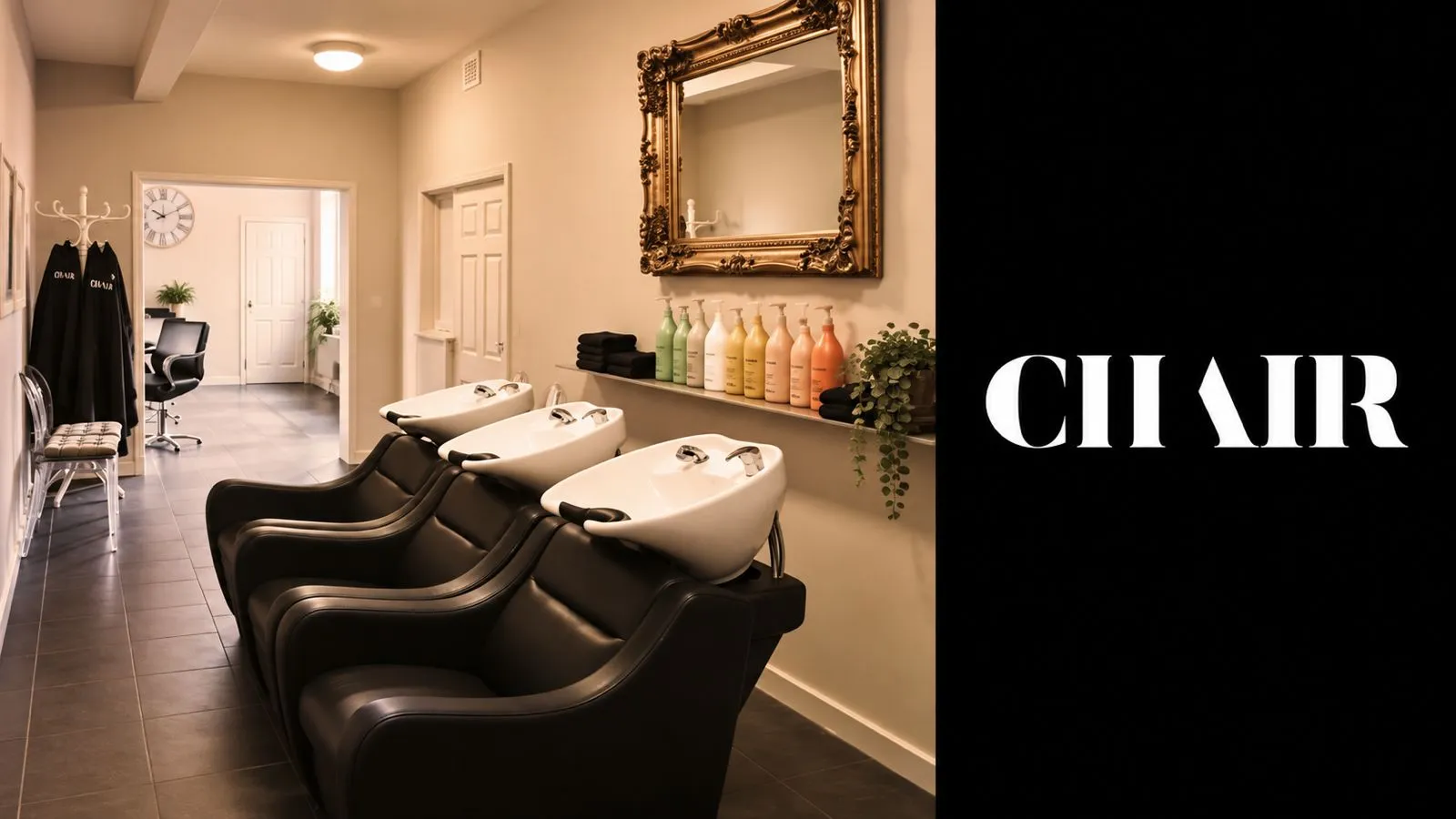 The backwash area at CHAIR Hair Salon, Wylde Green The backwash area at CHAIR Hair Salon in Wylde Green, with three black basin chairs, folded towels and professional colour products on the shelf