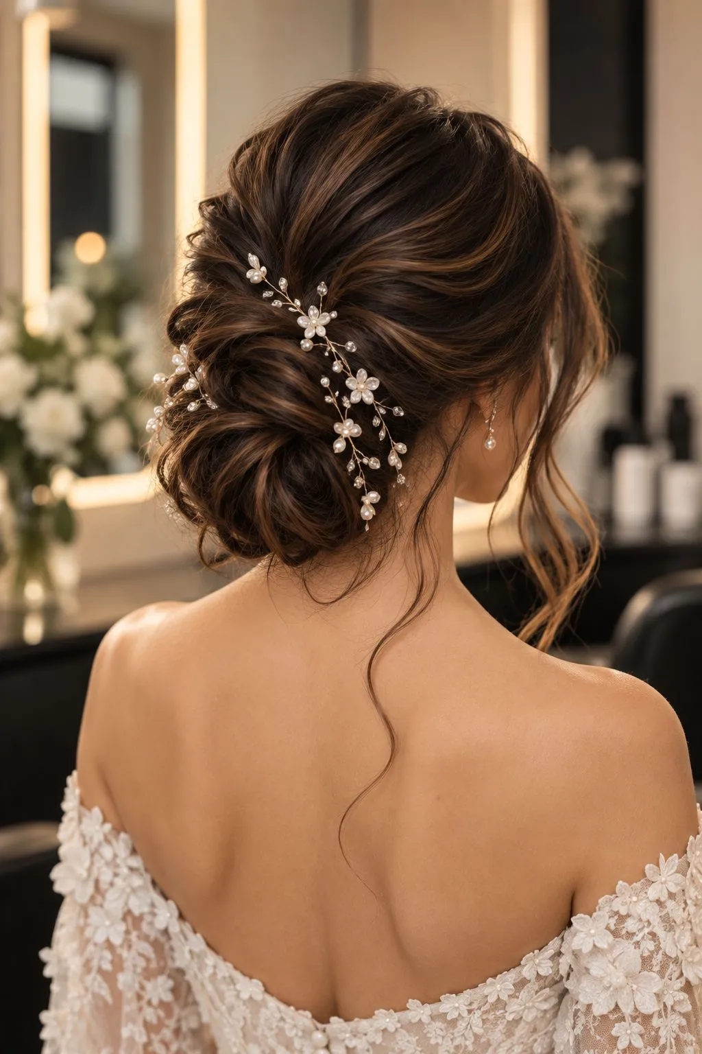 A bridal updo with hair accessories styled at CHAIR Hair Salon